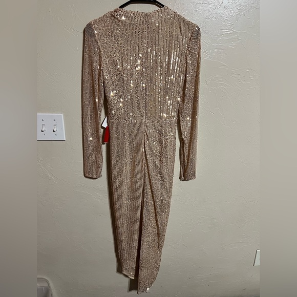 IEENA For Mac Duggal Rose Gold Sequin Knotted Long Sleeve Midi High Low Dress 0 - Picture 8 of 15